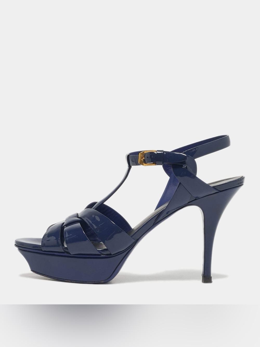 Saint Laurent Blue Patent Strappy Knot Front High Heel Sandals